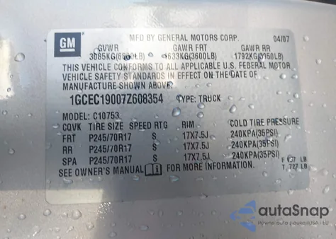 2007 Chevrolet Silverado 1500 Lt1 из США, поврежденный, VIN 1GCEC19007Z608354